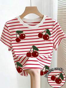 Camiseta de manga corta con cuello redondo y estampado floral, verano - Multicolor - Ver 1