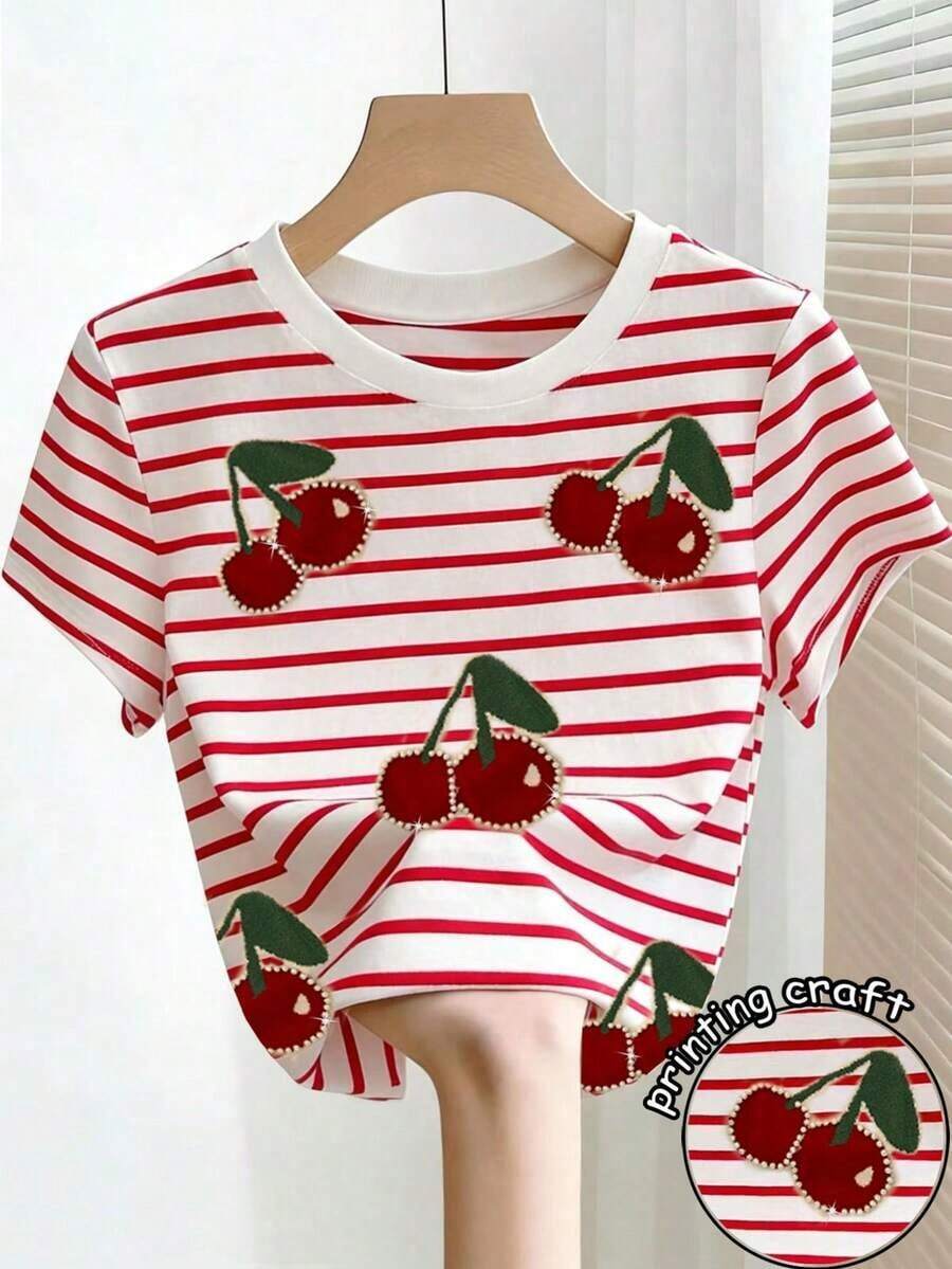 Camiseta de manga corta con cuello redondo y estampado floral, verano - Multicolor - Ver 1