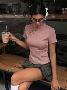 Blusa de cuello Mao de manga corta con cintura ceñida, estilo chino nuevo en color albaricoque, nuevo diseño de primavera/verano para mujer - Rosa vieja - Ver 9