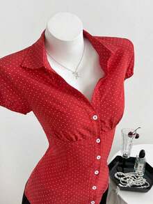Camisa de mujer con cuello en V, cintura fruncida y manga corta, color blanco, para primavera/verano - Rojo - Ver 3