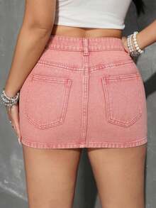 Minifalda vaquera casual de uso diario para mujer con bolsillos y botones - Rosa Pálido - Ver 2