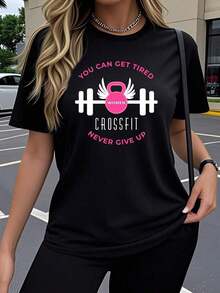 Y2K Women's Casual Short Sleeve T-Shirt - Motivational Graphic Print Of Barbells And Dumbbells For CrossFit, Elastic Crew Neck, Soft And Breathable Fabric, Relaxed Fit For Gym, Workouts And Casual Wear, Sports T-Shirts, Sporty Print T-Shirt, Comfortable T-Shirt - 黑色 - 查看 1