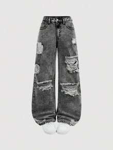 Girlism Jeans rectos y sueltos de mezclilla azul con agujeros rotos para adolescentes - Negro 2 - Ver 1