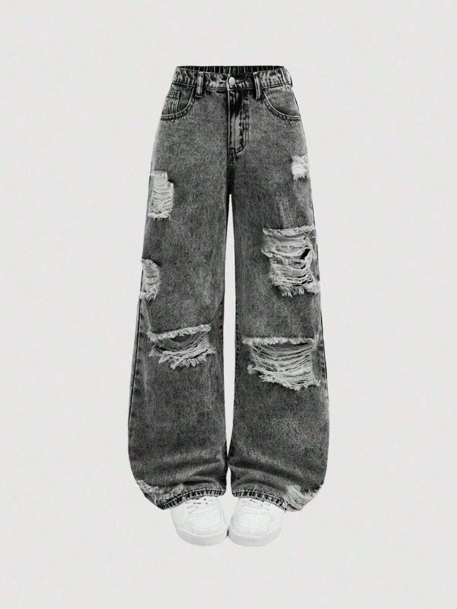 Girlism Jeans rectos y sueltos de mezclilla azul con agujeros rotos para adolescentes - Negro 2 - Ver 1