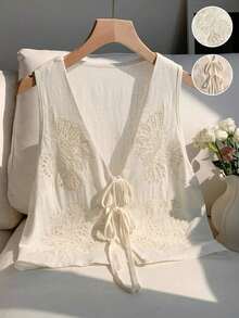 2026 Nuevo Top sin mangas con cuello en V, lazo delantero y bordado floral para mujer, ideal para vacaciones en la playa, uso casual, estilo Y2K de los 2000, primavera, graduación, fiesta de boda, vacaciones elegantes, San Valentín, carnaval, - Blanco 2 - Ver 4