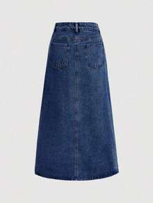Falda midi recta de mezclilla para mujer, faldas de mujer para otoño, ropa de mujer para calle, falda de mezclilla para mujer, falda asimétrica, ropa de mujer para otoño, falda de invierno, vestimenta casual de negocios para mujer, atuendos de i - Azul lavado oscuro - Ver 2