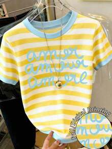 Camiseta de mujer de manga corta, cuello redondo, estampado de letras y rayas, informal, para verano - Multicolor 8 - Ver 5