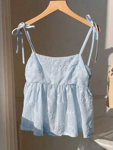Camiseta sin mangas casual con volantes bordados para mujer - Azul - Ver 3