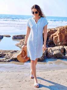 Vestido camisero de verano para mujer, de manga corta, cuello en V y rayas, hasta la rodilla, vestidos de verano para mujer, vacaciones - Celeste - Ver 4