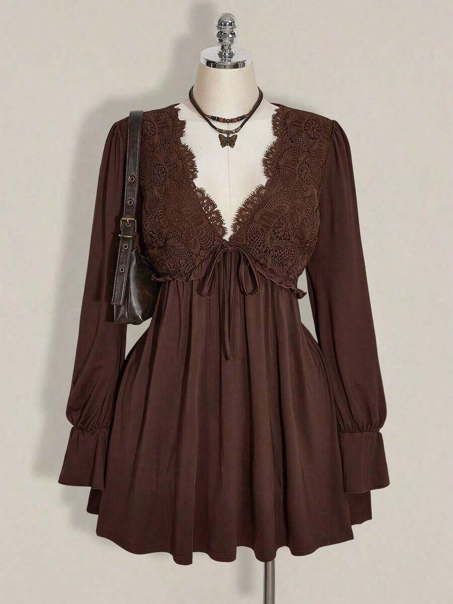 ICON Vestido mini de talla grande de unicolor casual con parches de encaje para mujer, ropa de otoño - Marrón - Ver 1