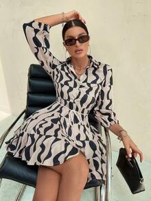 GENKIRA Vestido camisero con estampado todo sobre y cinturón, atuendos de trabajo y vacaciones para mujer - Multicolor - Ver 7
