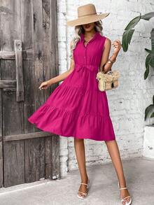 Vestido camisero con volantes en el bajo y cinturón para mujer - Rosa Fucsia - Ver 5