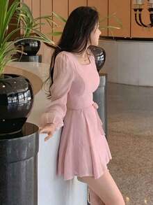 Vestido mini de manga larga con cuello redondo para mujer, de color rosa, vestido de verano para primavera/verano/otoño - Rosa - Ver 3