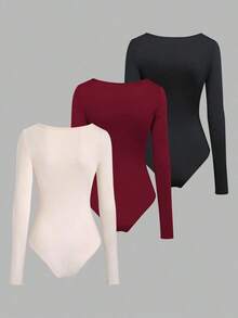 Sweetro Set de 3 bodys de manga larga para mujer en color albaricoque, marrón café y negro, de ajuste ceñido y estilo minimalista y versátil para el día a día - Multicolor 10 - Ver 2