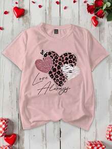Set de 3 camisetas de manga corta y cuello redondo con estampado de letras inglesas y corazones, camisetas gráficas casuales de verano para mujer - Multicolor - Ver 3