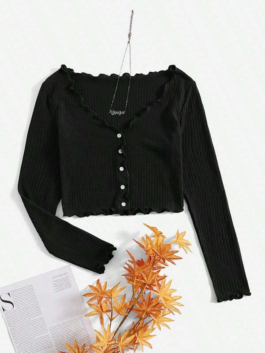 Camiseta De Punto De La Lechuga Con Botones Para Mujer - Negro - Ver 1