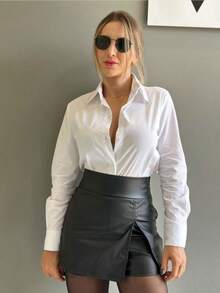 ISADORA MODA Women's Long-Sleeved Shirt, Polyester Fabric, One Button On The Cuffs, Available In White And Black, Sizes S, M, L - Branco + Café (2peças) - View 2