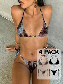Conjunto de bikini con estampado de teñido anudado para mujer, traje de baño de mujer con decoración de concha iridiscente sexy para fiestas y festivales de música, atuendo de playa de vacaciones para mujer - Blanco - Ver 2