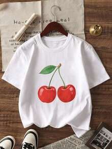Camiseta divertida para mujer, estilo Y2K, con estampado gráfico de doble cereza, de corte holgado, estilo vintage retro de los 90, ropa de calle coqueta, informal, de corte suelto, con hombros caídos y cuello redondo, estilo preppy dulce, top gráfico de moda de verano, cómoda y transpirable, ideal para uso diario, vacaciones, playa, conciertos, festivales de música, brunch, regreso a clases, estilo urbano, salidas casuales, moda casual de  para chicas adolescentes y mujeres jóvenes. TCMR - Blanco - Ver 2