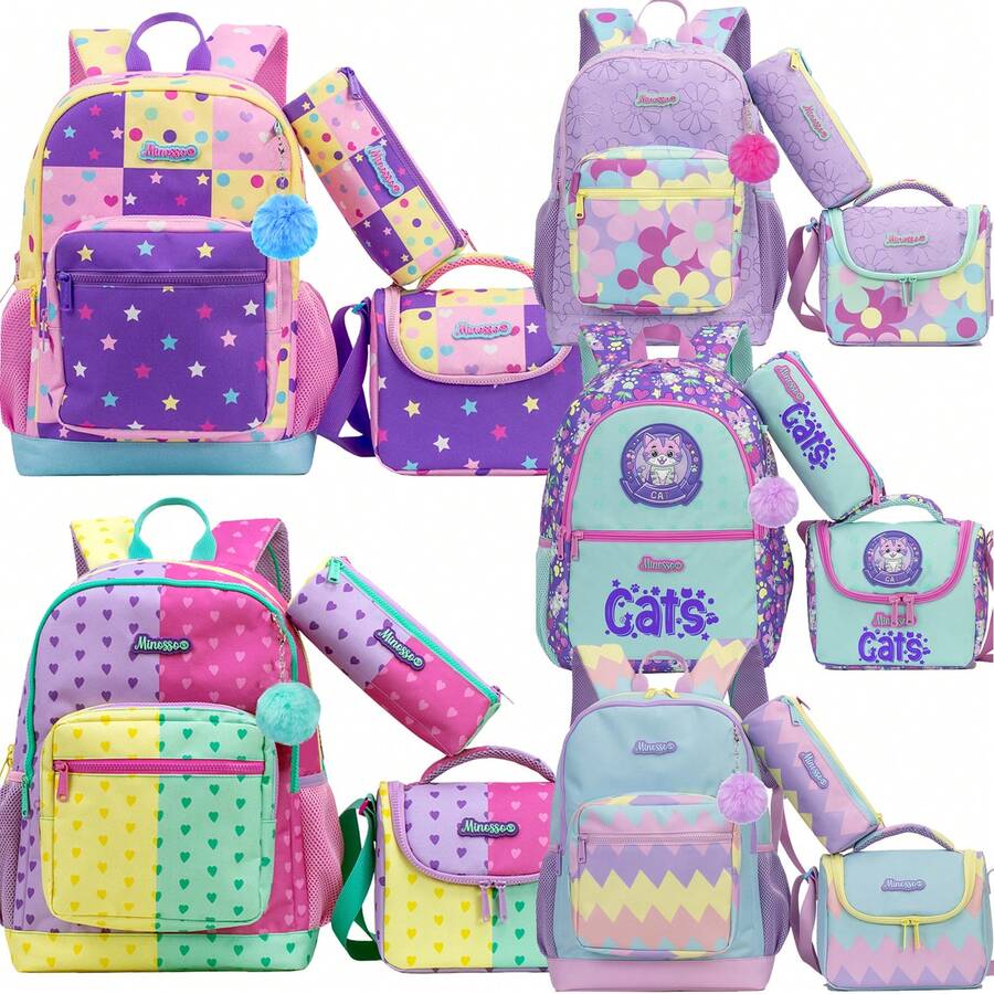 3pcs/Set Kids Backpack Set Includes Cute Star & Polka Dot Print Backpack, Crossbody Bag And Pencil Case, Lightweight School Bag Gift For Girls - Girls School Bag SET - View 1