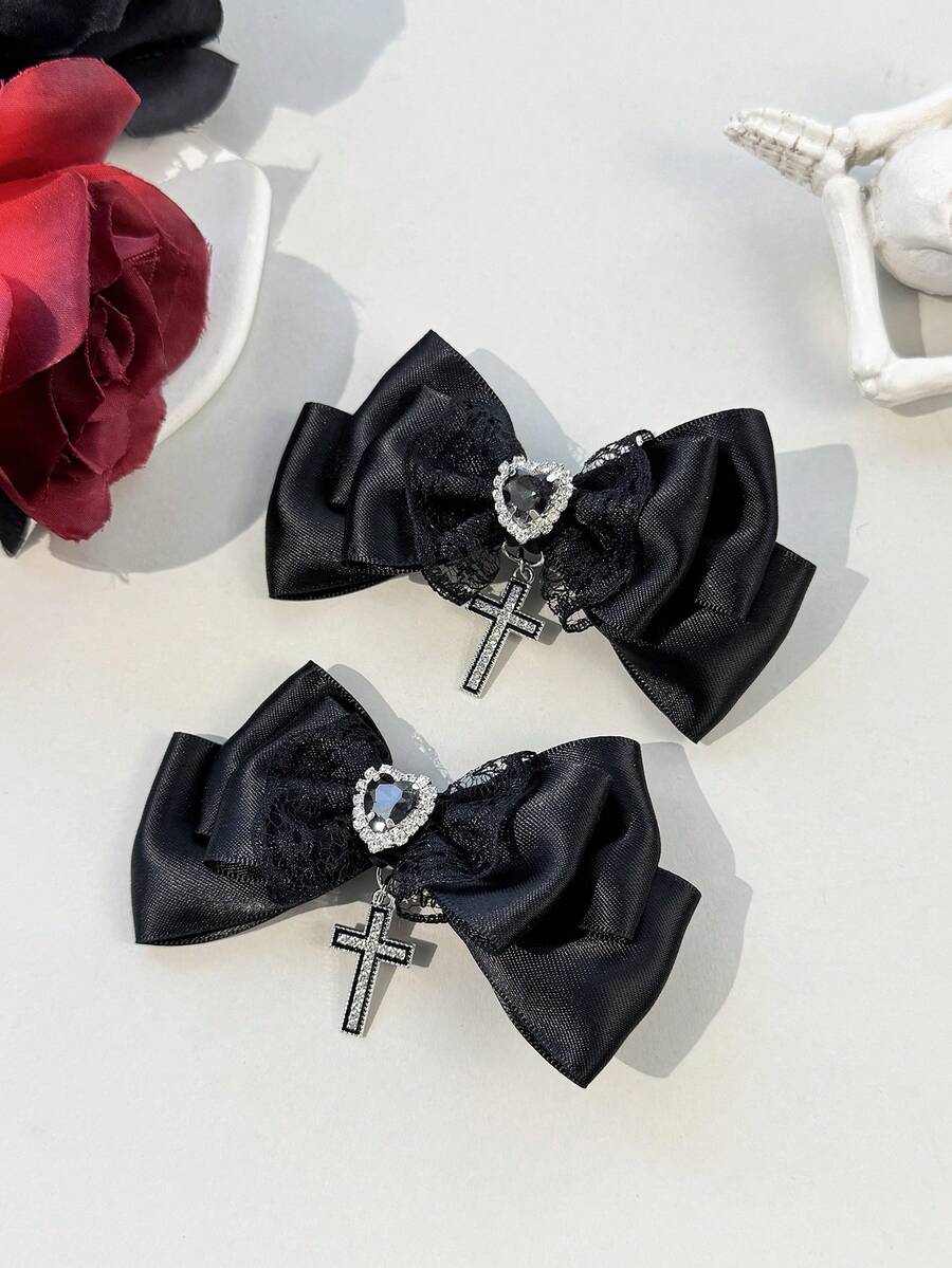 2pcs Gothic Style Lace Ribbon Dark Color Crystal Heart & Cross Hair Clips, Suitable For Holiday Outfits And Daily Wear For Gothic Enthusiasts, Claw Clips - Black - View 1