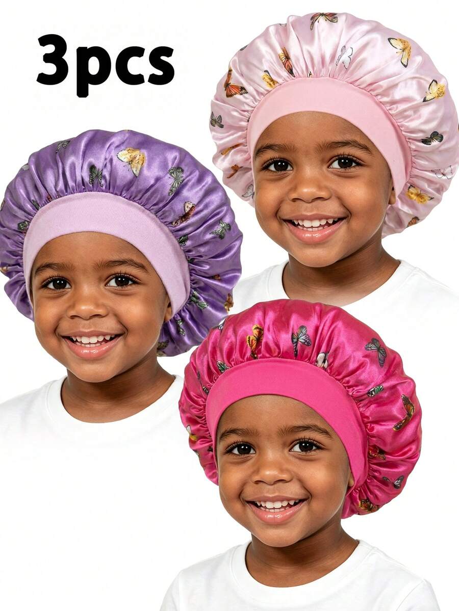 Awegeo 3pcs Kids Butterfly Print Wide Elastic Band Bonnets, Comfortable Daily Wear Sleep Hats - 3Pcs-set1 - View 1