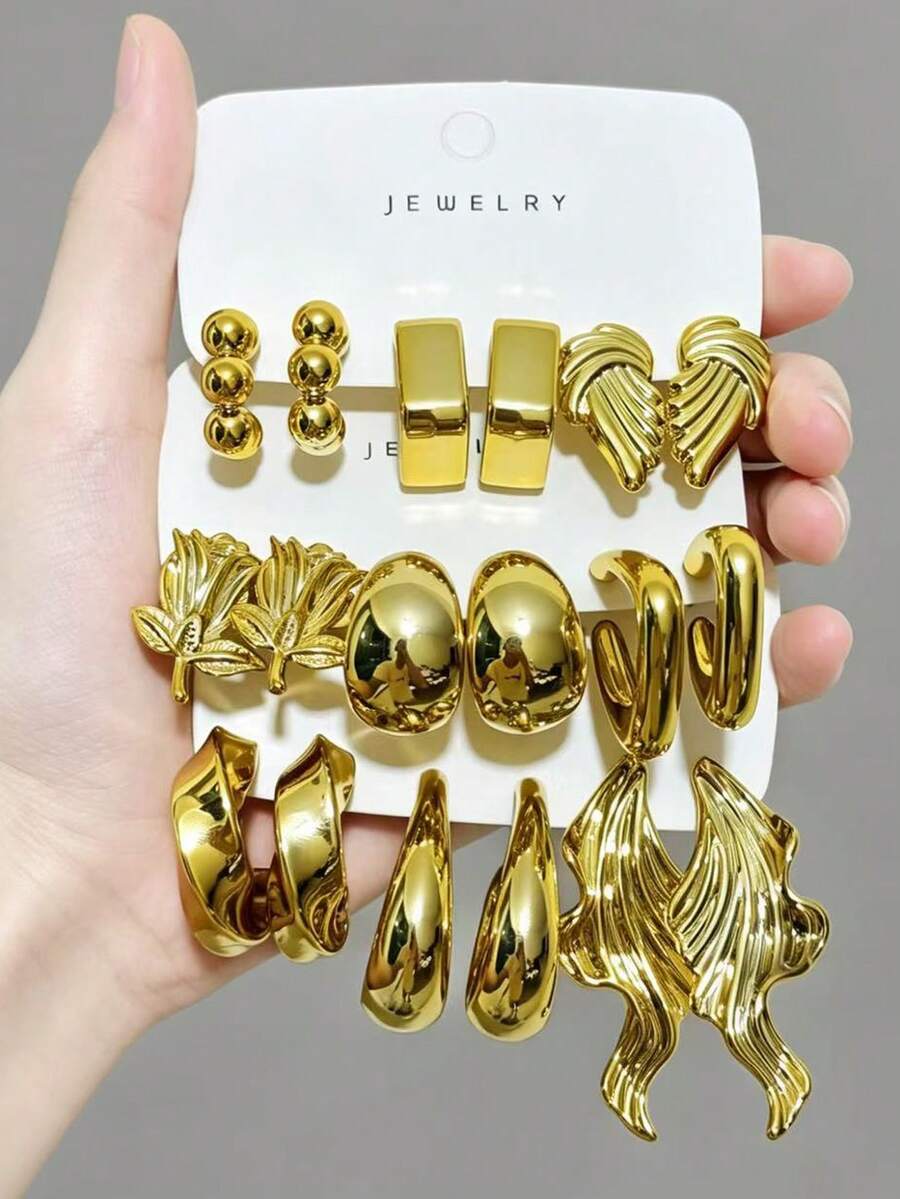 9对金色耳环套装，奢华百搭通勤耳环，金属耳环首饰套装 - 金色 - 查看 1