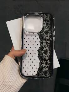 1pc Lace Polka Dot Pattern Dual-Tone Black Shockproof Phone Case, TPU Material, Suitable As Holiday Gift, Compatible With Apple 11 12 13 14 15 16 Pro/Pro Max/14 15 16 Plus/17, Unisex - Multicolor - View 3