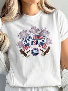 Camiseta de Feliz Cumpleaños EE. UU., 250 Aniversario, Águila Patriótica. Camiseta unisex de algodón puro de 220 g. Peso ideal para todas las estaciones, apta para hombres y mujeres. Tejido duradero de alta calidad, suave al tacto y de larga duración. Parte superior transpirable. Adecuada para la primavera y el verano de las mujeres, vacaciones, Día de la Madre, Día de la Independencia. - Blanco - Ver 1