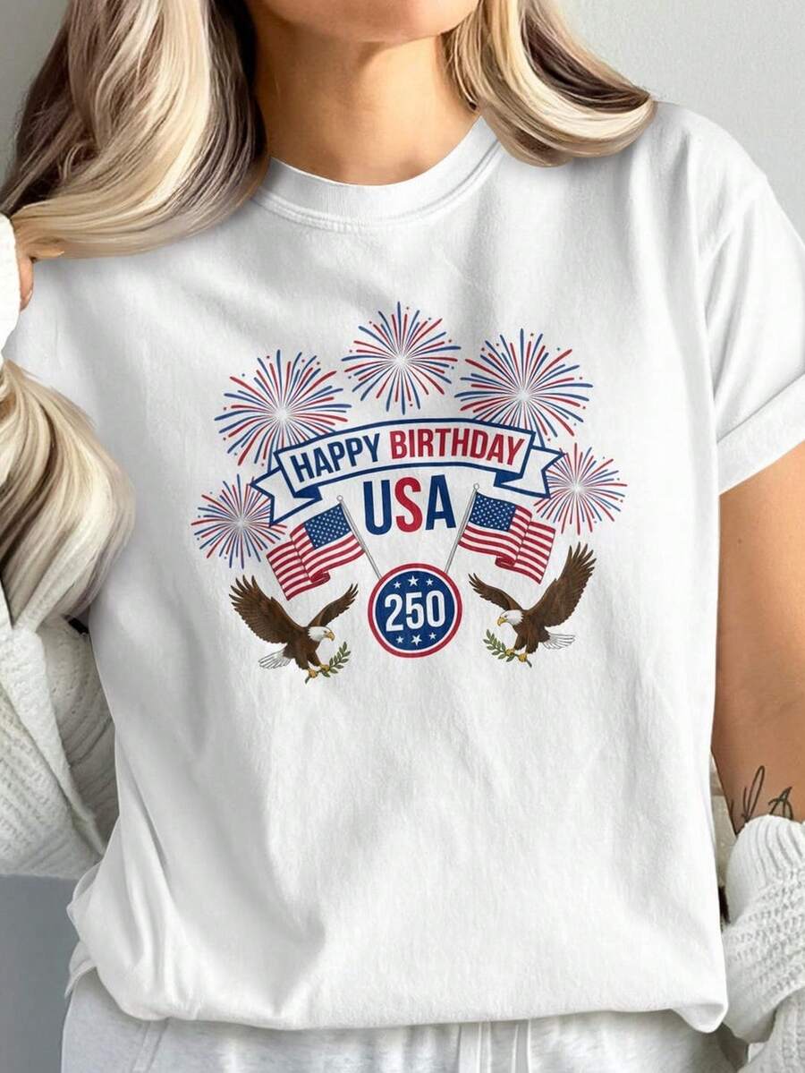 Camiseta de Feliz Cumpleaños EE. UU., 250 Aniversario, Águila Patriótica. Camiseta unisex de algodón puro de 220 g. Peso ideal para todas las estaciones, apta para hombres y mujeres. Tejido duradero de alta calidad, suave al tacto y de larga duración. Parte superior transpirable. Adecuada para la primavera y el verano de las mujeres, vacaciones, Día de la Madre, Día de la Independencia. - Blanco - Ver 1