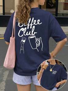 Casual Loose-Fitting Short-Sleeved Summer Blouse With A Coffee Club Print, Soft Fabric Graphic Tee For Outdoor Wear, Printed Summer T-Shirt For Women, Summer Blouse, Vacation Outfit, Travel Style, Beach Vibe, Minimalist Resort Wear In Pink Cotton Women's T-Shirts - 風格 V - 查看 5