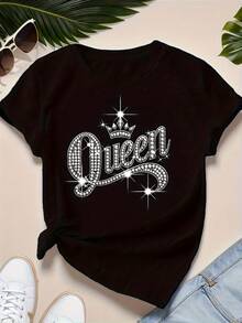 Camiseta con estampado de reina y, top casual de manga corta y cuello redondo, ropa de mujer - Negro - Ver 4