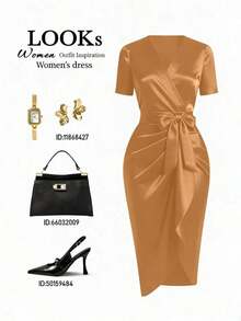 XheSHEIN Raffinéa Vestido de mujer de satén con escote en V en color rojo picante, con volantes asimétricos en el bajo y mangas cortas, adecuado para uso diario elegante, salidas glamorosas y citas románticasXhe - Caqui - Ver 5
