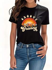 Women's Short-Sleeved T-Shirt, Made Of Pure Cotton With A Printed Rainbow Floral Design In A Hippie Style, Round Neck, Vintage Retro Style Women's Clothing, Modern And Unique, Versatile And Casual, Suitable For Daily Outings, Parties And Meetings, An Excellent Gift Choice. - 黑色 - 查看 6