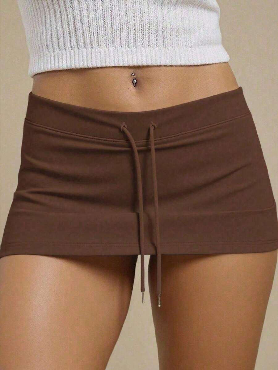 Minifalda de mujer con cintura baja y cordón, para verano - Marrón - Ver 1