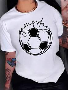NewSummerCasualEl estampado muestra un balón de fútbol acompañado de la frase game day que simboliza la energía del deporte y la emoción del momento perfecta para quienes viven la pasión futbolera camiseta para mujer 100% algodón blanca elegante y cómoda-Vintage Street Style Unisex Loose Cotton Short Sleeve Crew Neck T-Shirt - Blanco - Ver 6