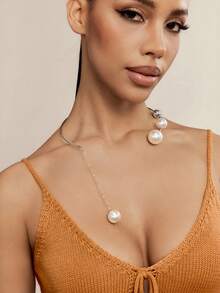 1 Piece Large Pearl Necklace With Metal Collar, Y2K Asymmetrical Geometric Round Bead Necklace, Retro Punk Grunge Cool Girl Collarbone Chain, Holiday Party Jewelry Gift - Pearl Necklace - View 7