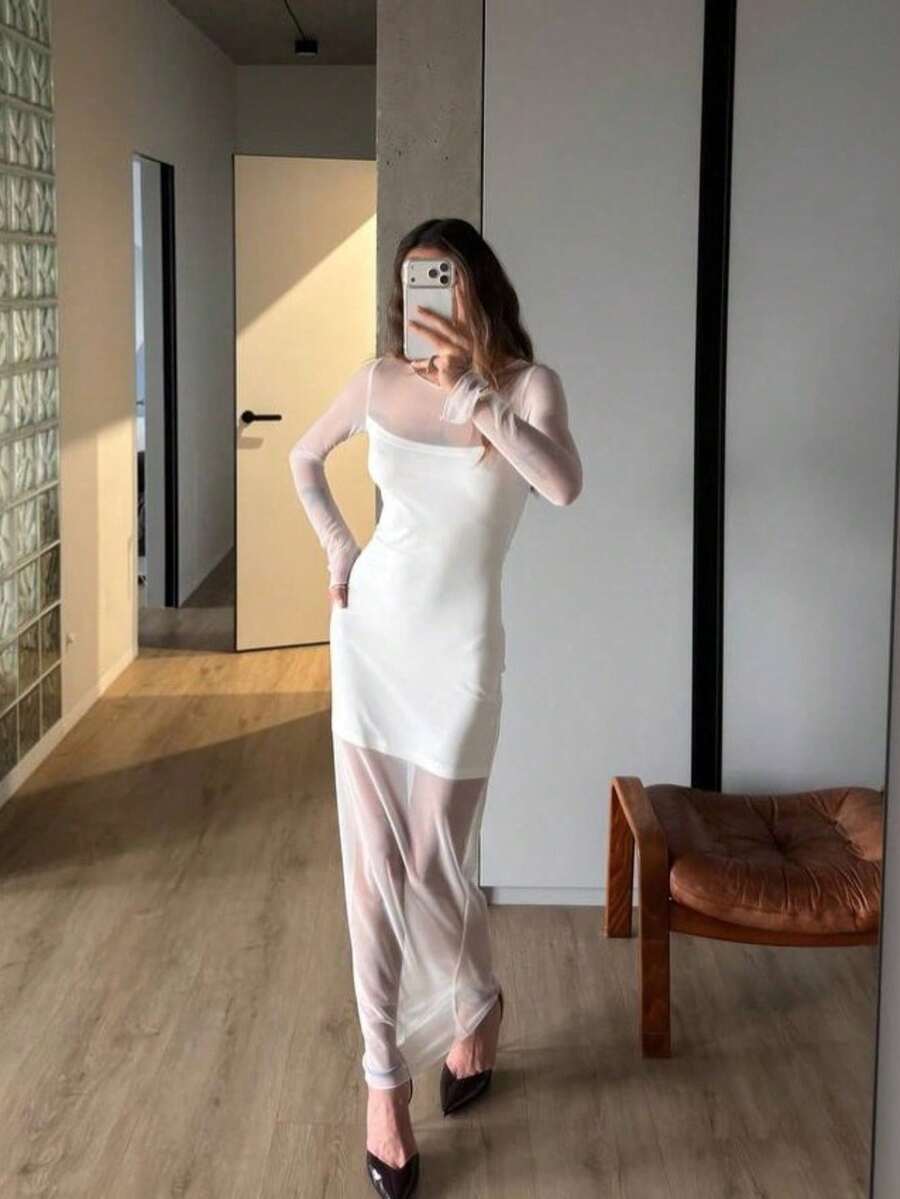 Vestido Elegante Mujer Primavera 2026, Estilo Socialite, Tul Transparente, Doble Capa, Ajustado, Sensual y Sofisticado - Blanco - Ver 1