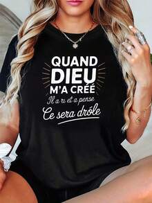 Camiseta QUAND DIEU con estampado de letras, manga corta y cuello redondo, top casual para verano y primavera, ropa de mujer - Negro - Ver 6