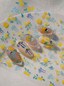 3D Embossed Nail Art Stickers With Gentle Fresh Style, Featuring Yellow Rose And Blue Bow Decor, Healing Atmosphere, Suitable For Commuting, Soft Chic Outfits, Gentle Manicure, Dating Occasions, Ideal For Gentle Enthusiasts, Students, Moms, Nail Art DIY Beginners, And Soft Girl - Multicolor - View 5