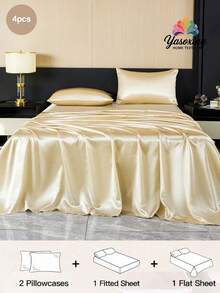 4Pcs Champagne Premium Plain Silky Satin Sheet Set Bedding Set, 1pc Fitted Sheet & 1pc Flat Sheet& 2pcs Pillowcase Bedding Mattress Protector Set (Not Including Pillow Core) Deep Pocket Design Up To 11.8 Inches, Home Textile - Champagne - View 1