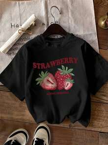 Short-Sleeved T-Shirt With Print, Round Neck, Casual Style, Women's Clothing - Urban Vintage Style, Unisex, Loose Fit, Cotton, Round Neck And Short Sleeves, Blouses For Women. Casual Blouses For Ladies. - 黑色 - 查看 1