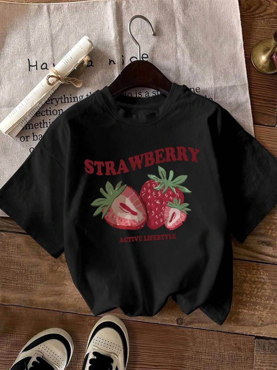 Short-Sleeved T-Shirt With Print, Round Neck, Casual Style, Women's Clothing - Urban Vintage Style, Unisex, Loose Fit, Cotton, Round Neck And Short Sleeves, Blouses For Women. Casual Blouses For Ladies. - 黑色 - 查看 1