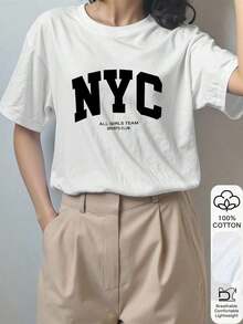 Manga corta, estampado con letras de la ciudad de Nueva York, moda casual, camiseta de manga corta 100% algodón, camiseta estampada, tela suave, ropa de algodón, camiseta para exteriores, estampado, camiseta de verano, camiseta de mujer, top, ropa de verano, ropa de vacaciones, estilo de viaje, estilo de playa, atuendo sencillo para vacaciones, ocio. - Blanco - Ver 3