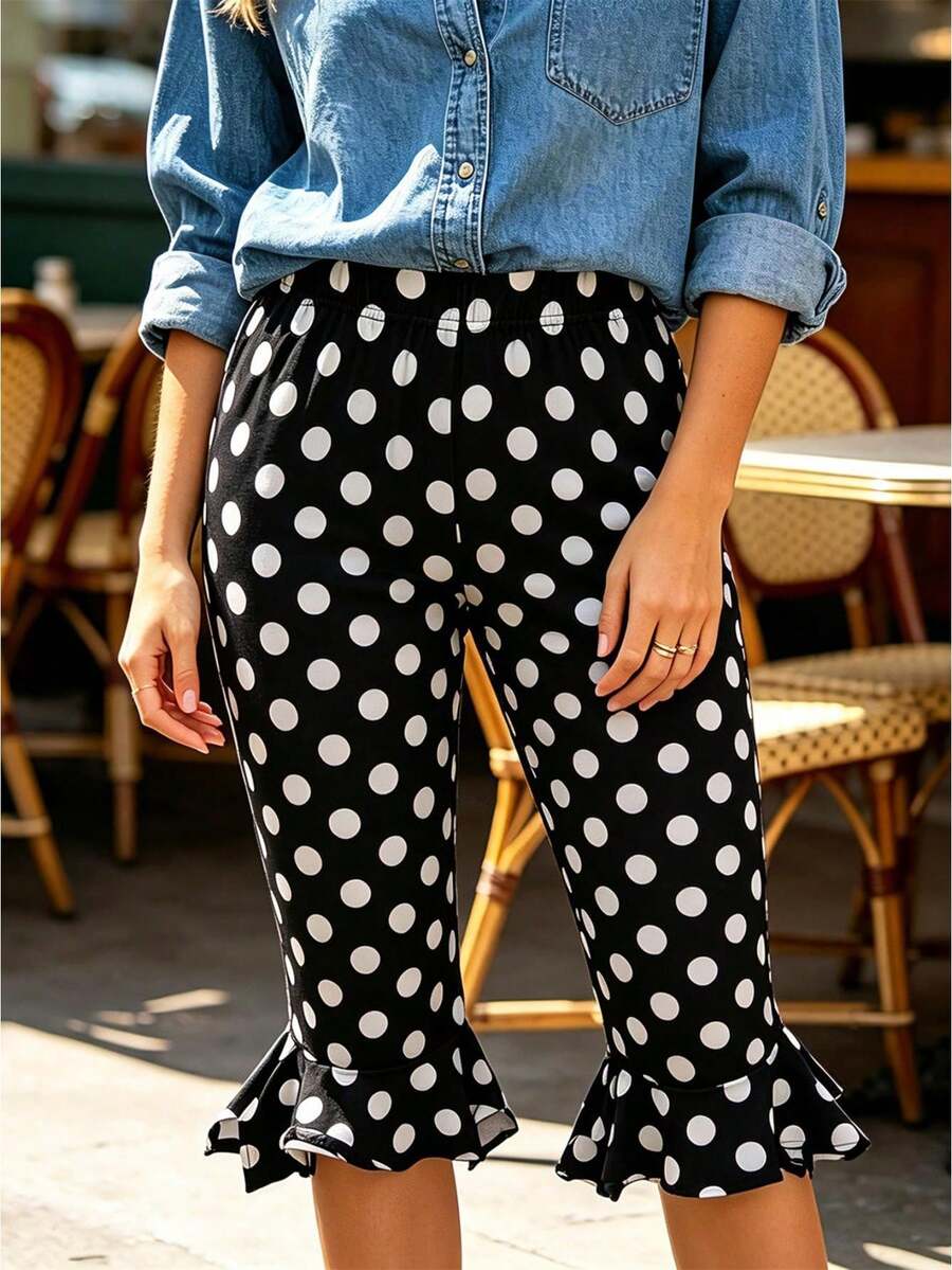 Women's Y2K Polka Dot Trousers, High Waist Pleated Trousers, Elastic Slim Fit Summer Bell Bottoms, Suitable For Casual Streetwear - 黑色 - 查看 1