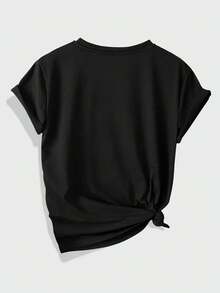 Women's Casual T-Shirt With Cartoon Print, Loose Fit, Short Sleeves, Round Neck, Colorful Character Design, Machine Washable, Comfortable All-Season Activewear, Opaque Fabric, Available At Local Community Stores, Soft Cotton, Comfortable, Discounted, Suitable For Easter, Halloween, Thanksgiving, Etc. Loose, Casual, And Versatile T-Shirt - 黑色 - 查看 2