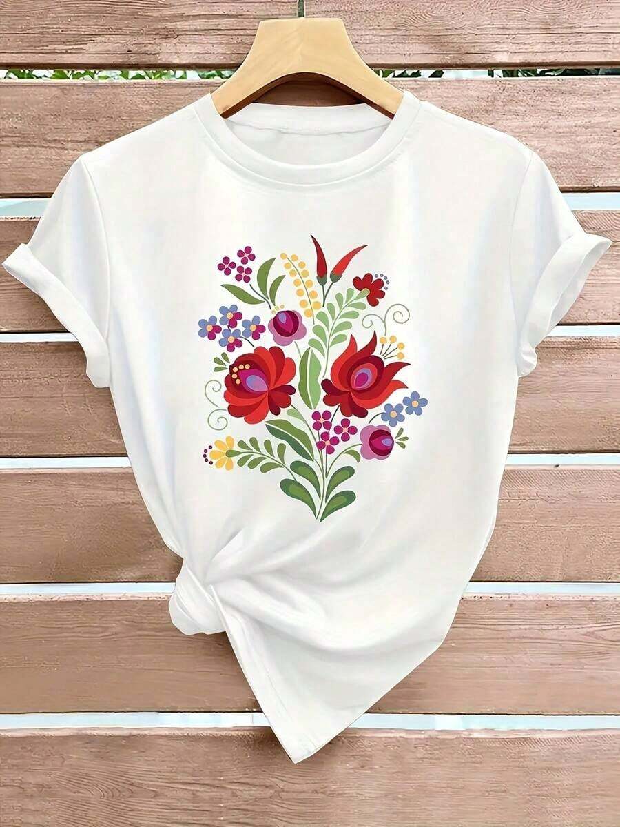 Camiseta de Manga Corta para Mujer con Estampado Floral al Estilo Mexicano - Patrón Vibrante de Plantas, Cuello Redondo Suave, Adecuada para Primavera, Verano y Otoño, Lavable a Máquina, Tallas S-XXL, Varios Colores Disponibles, Ajuste Cómodo Blusas Bonito 100% Cotton - [Blanco] - Ver 1