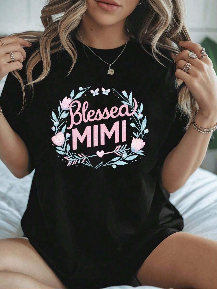 Camiseta Mimi con estampado floral. Tejido premium, corte holgado, estilo casual, cómoda, estampado artístico. Blusas Bonito 100% Algodón - Negro - Ver 1