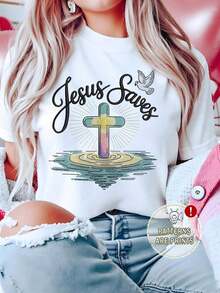 Women's White T-Shirt With Colorful Cross Graphic And "Jesus Saves" Phrase, Inspirational Christian Faith Aesthetic T-Shirt, Modern Spiritual Religious Top, Casual Blouse For Church, Pretty Blouses, 100% Cotton - 白色的 - 查看 7