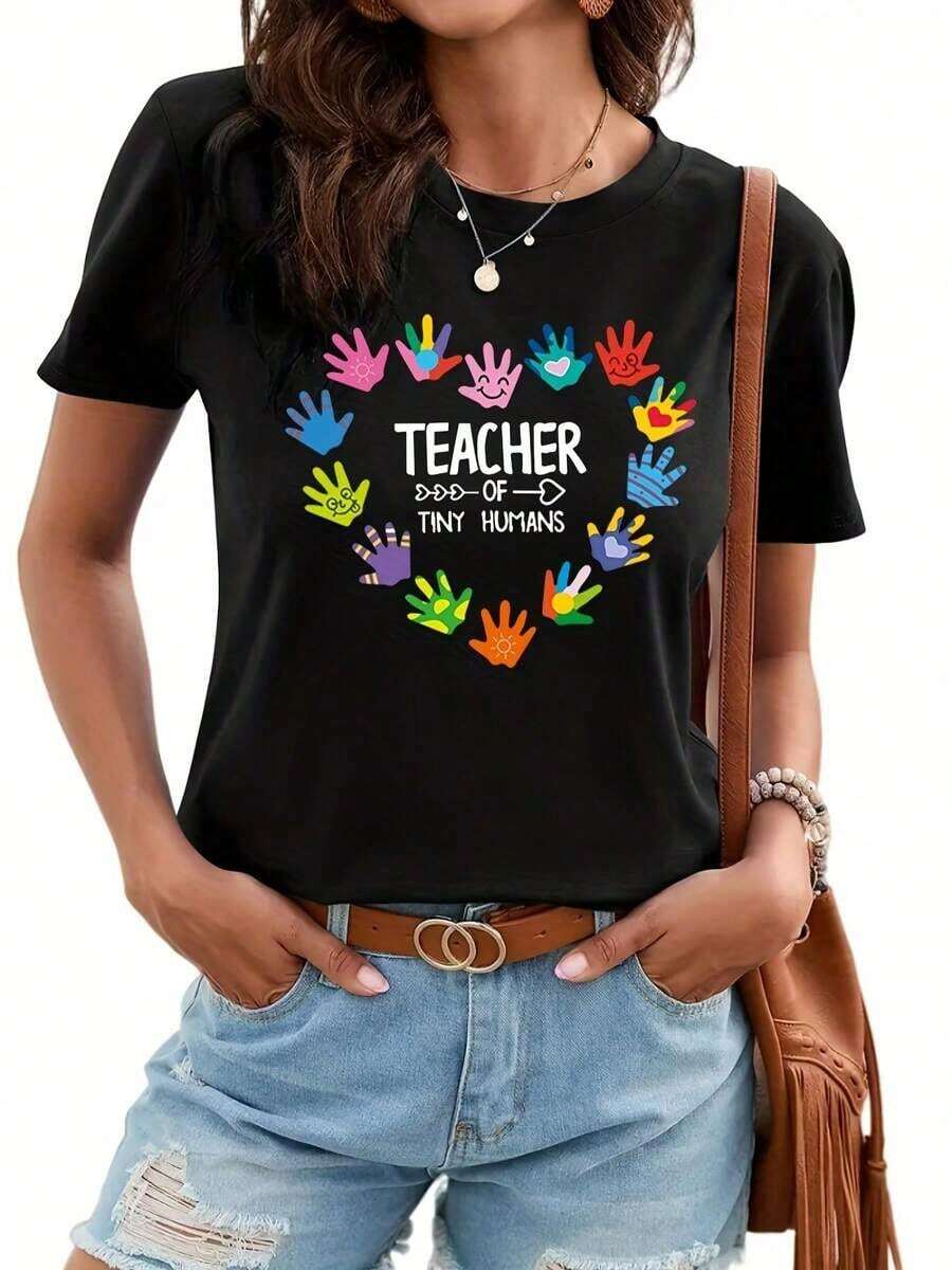 1 Pieza de Camiseta Casual de Moda para Hombres y Mujeres con Estampado de Palma y Corazón, camiseta casual de moda, top informal para el día a día, ropa versátil para mujer, fácil de combinar, para uso diario, estilo urbano, ropa de vacaciones, ropa de fin de semana. - Multicolor - Ver 1